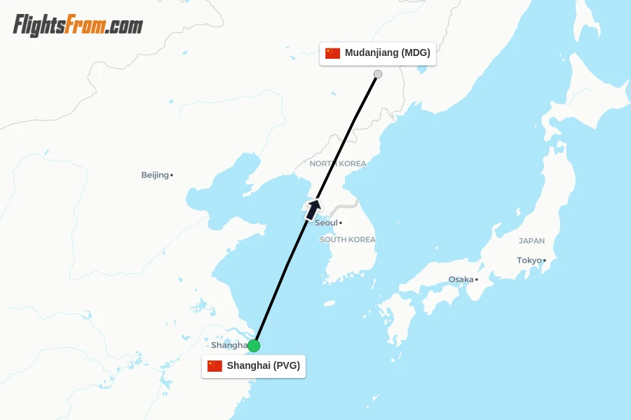 Flights from Shanghai to Mudanjiang route map