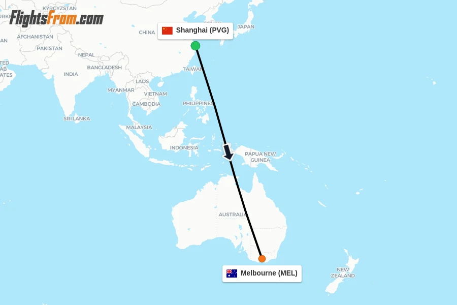 Flights from Shanghai to Melbourne route map