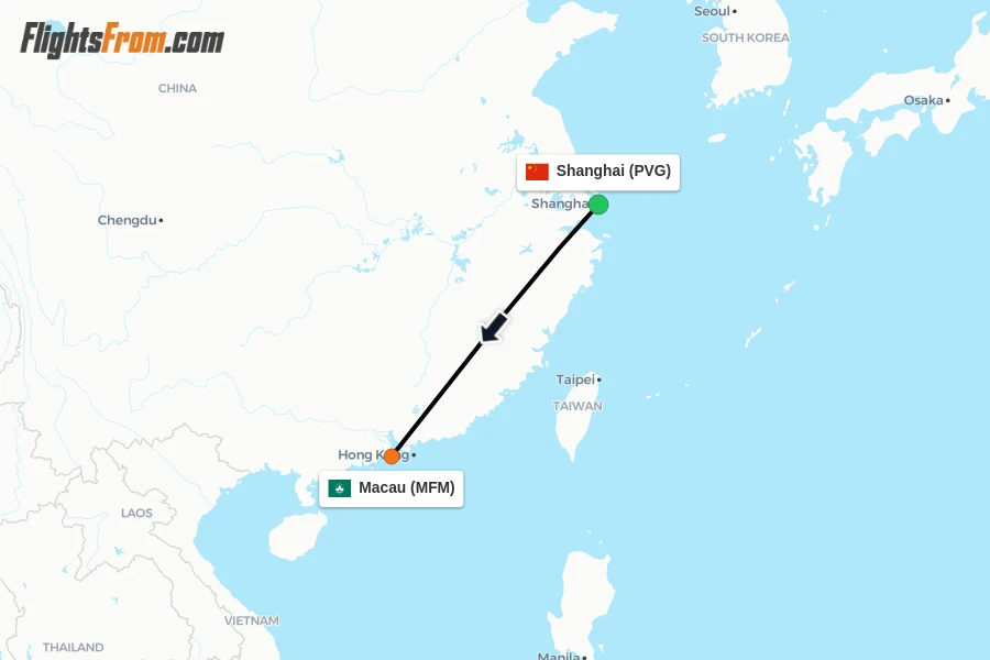 Flights from Shanghai to Macau route map