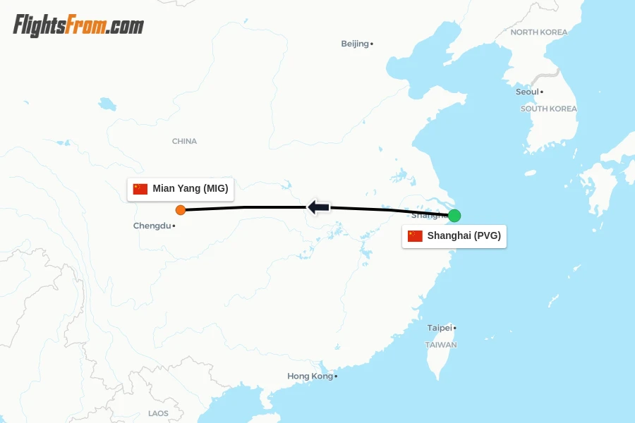 Flights from Shanghai to Mian Yang route map
