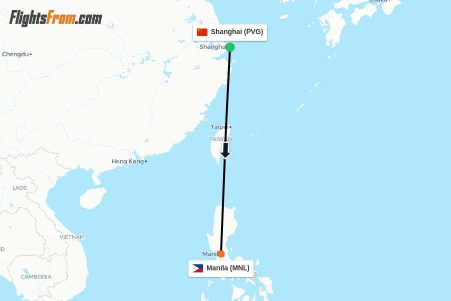 Flights from Shanghai to Manila route map