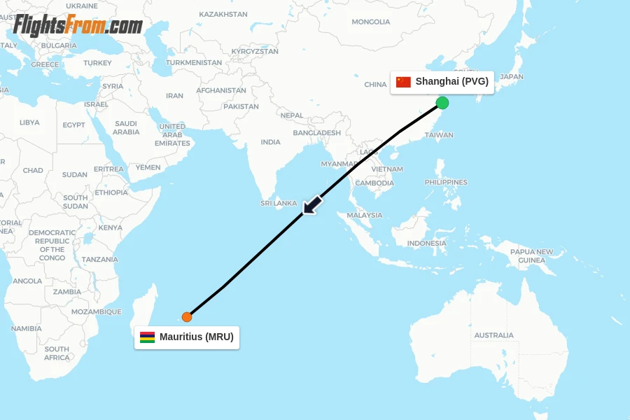 Flights from Shanghai to Mauritius route map