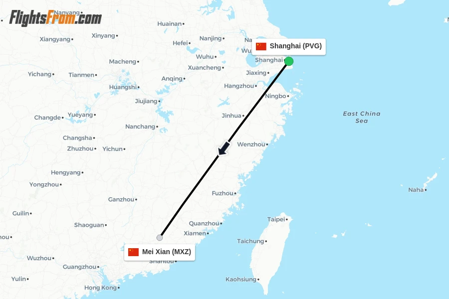 Flights from Shanghai to Mei Xian route map