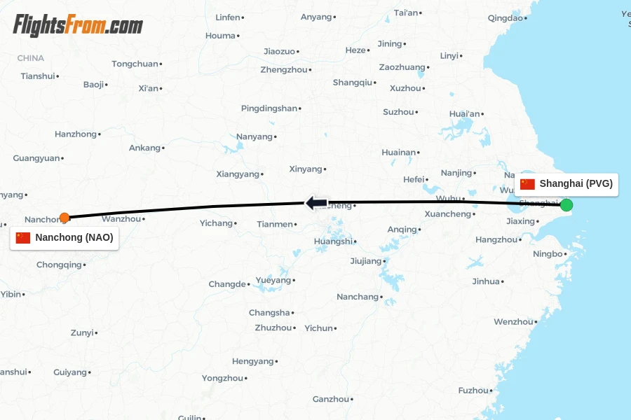 Flights from Shanghai to Nanchong route map
