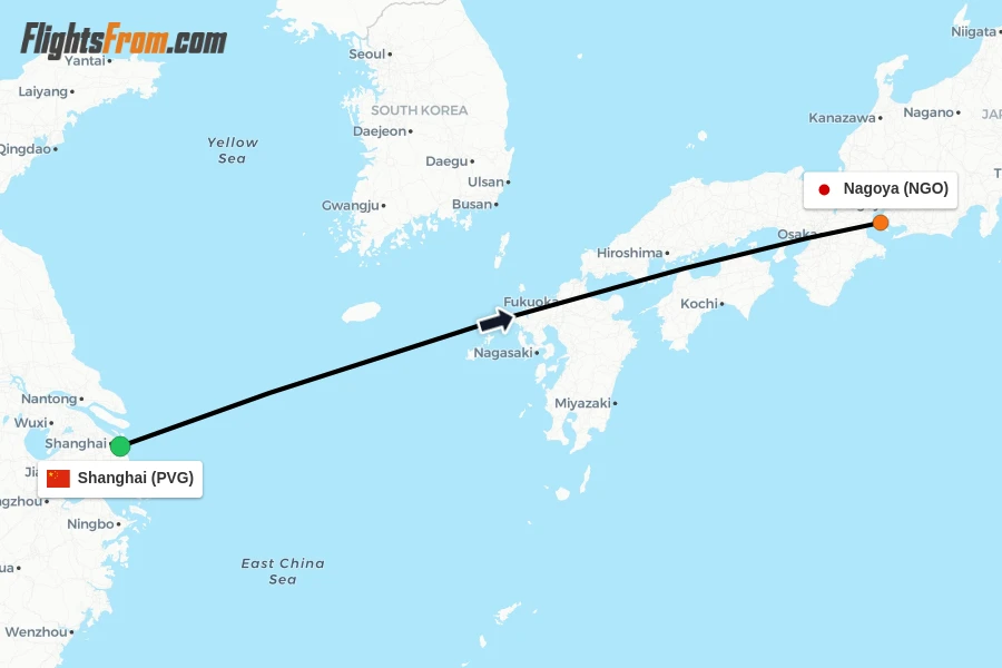 Flights from Shanghai to Nagoya route map