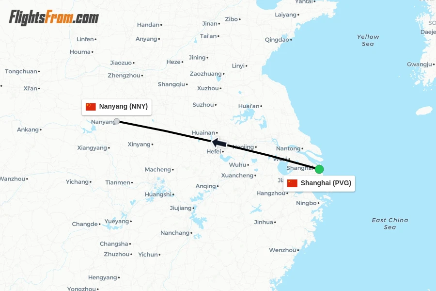 Flights from Shanghai to Nanyang route map