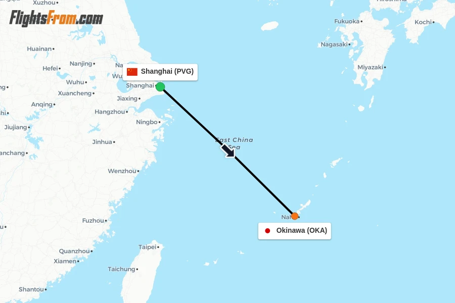Flights from Shanghai to Okinawa route map