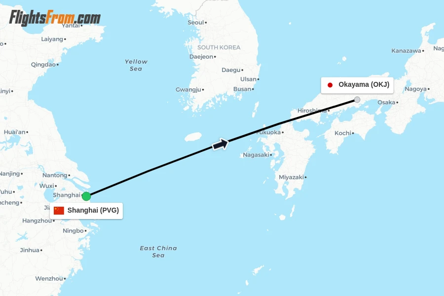 Flights from Shanghai to Okayama route map