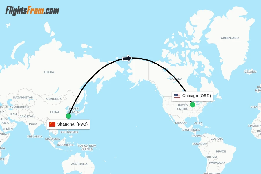 Flights from Shanghai to Chicago route map