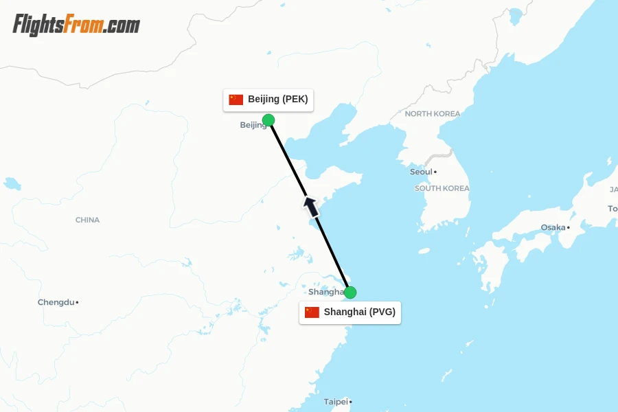 Flights from Shanghai to Beijing route map