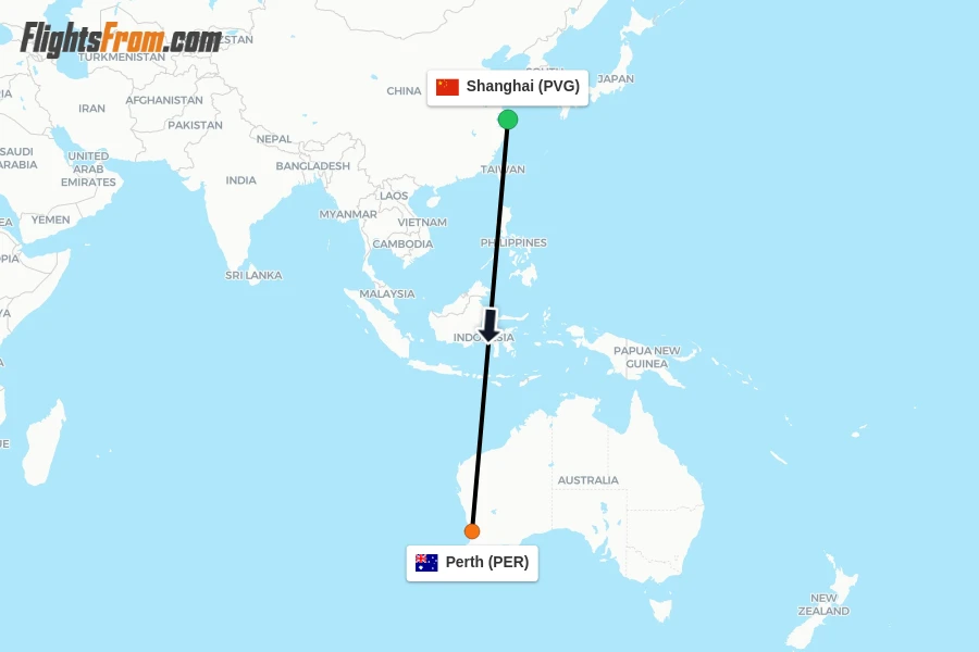 Flights from Shanghai to Perth route map
