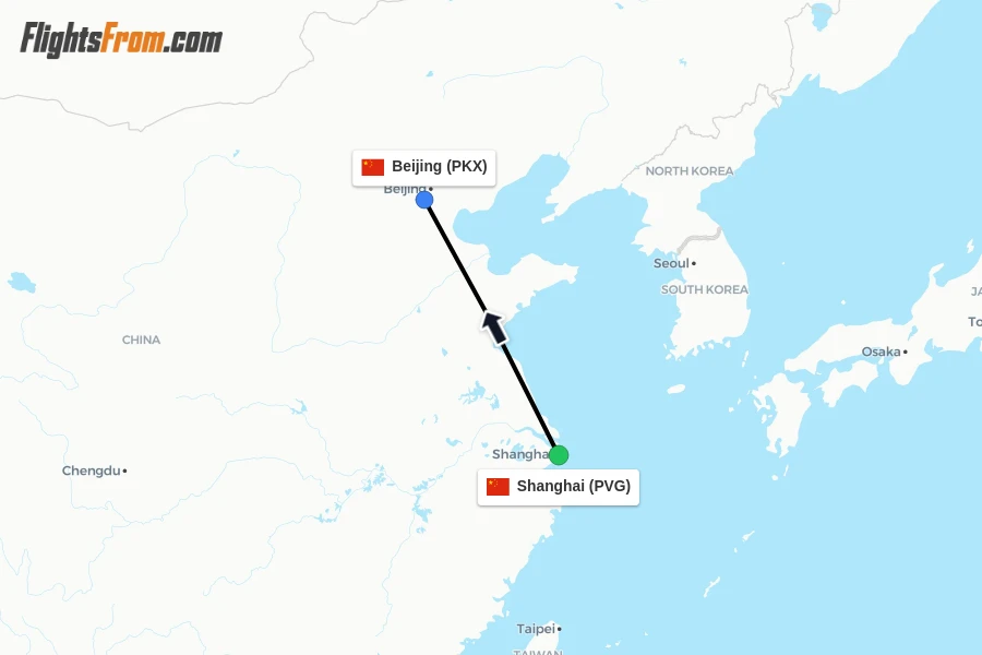 Flights from Shanghai to Beijing route map