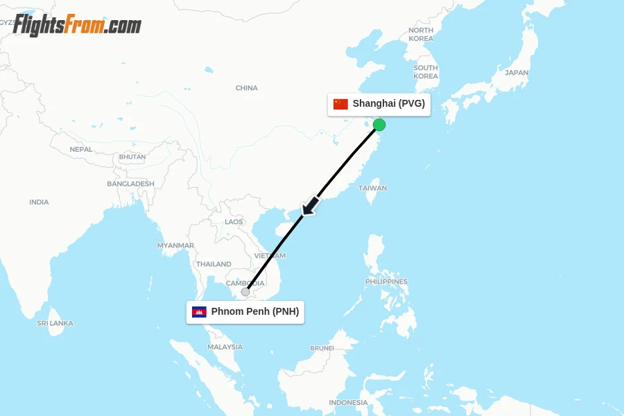 Flights from Shanghai to Phnom Penh route map