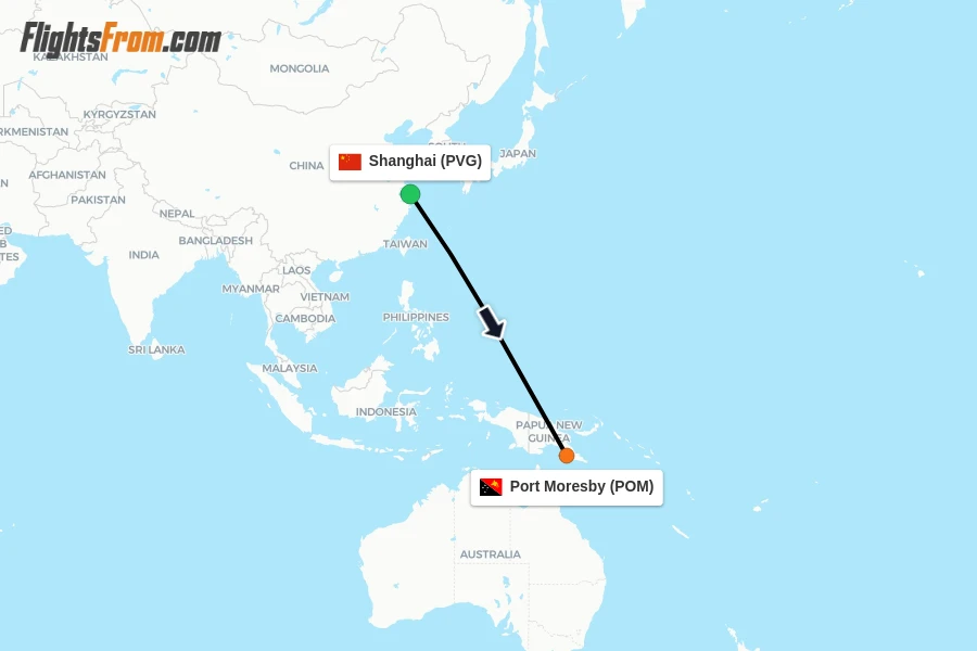 Flights from Shanghai to Port Moresby route map