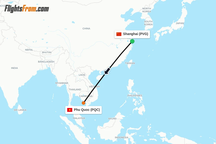 Flights from Shanghai to Phu Quoc route map