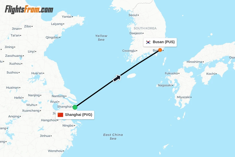 Flights from Shanghai to Busan route map
