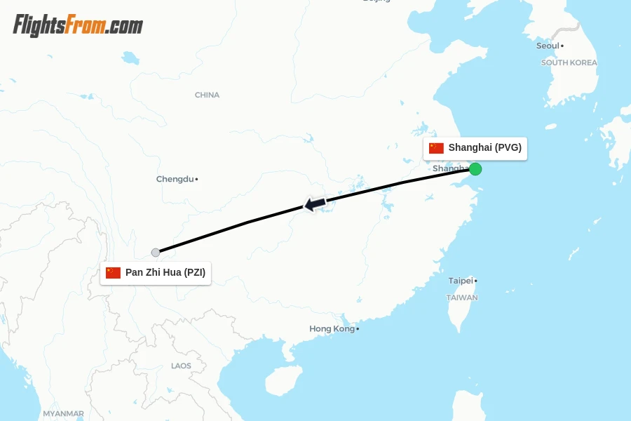 Flights from Shanghai to Pan Zhi Hua route map