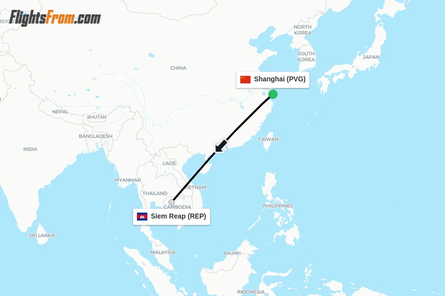 Flights from Shanghai to Siem Reap route map
