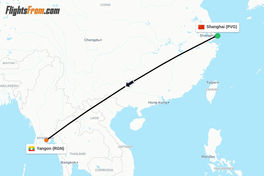 Flights from Shanghai to Yangon route map