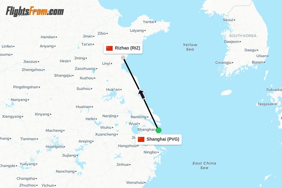 Flights from Shanghai to Rizhao route map