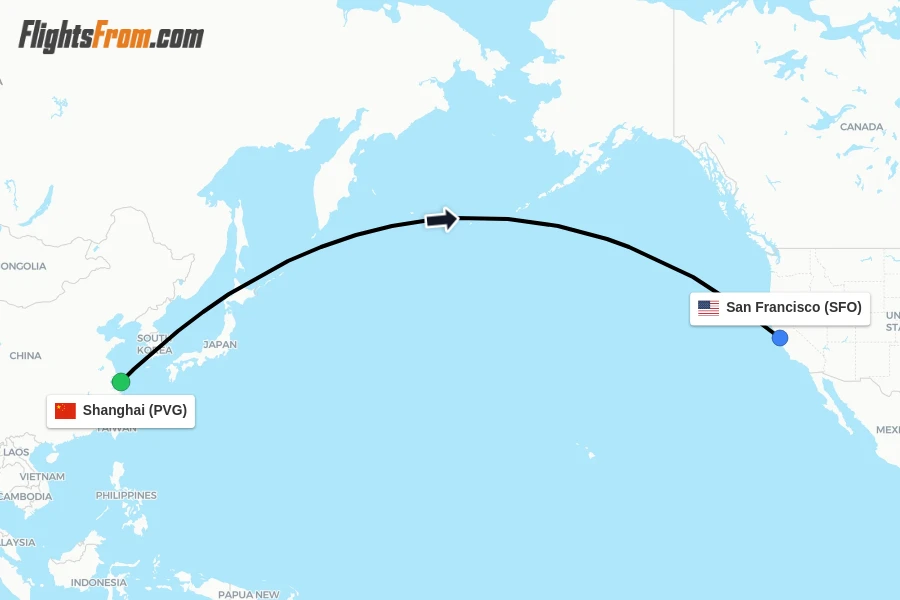 Flights from Shanghai to San Francisco route map