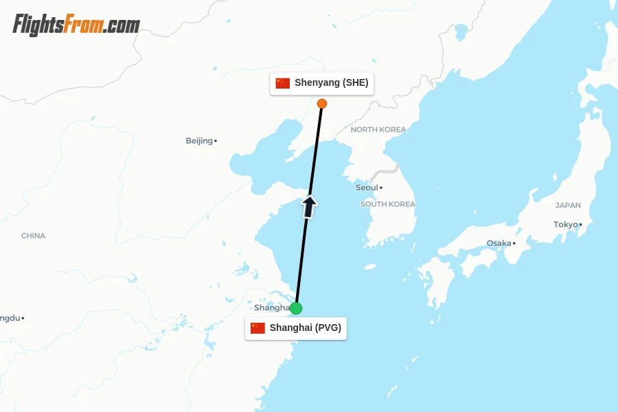 Flights from Shanghai to Shenyang route map