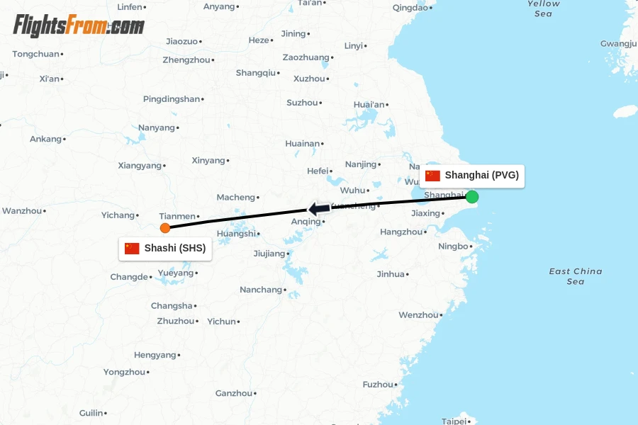 Flights from Shanghai to Shashi route map