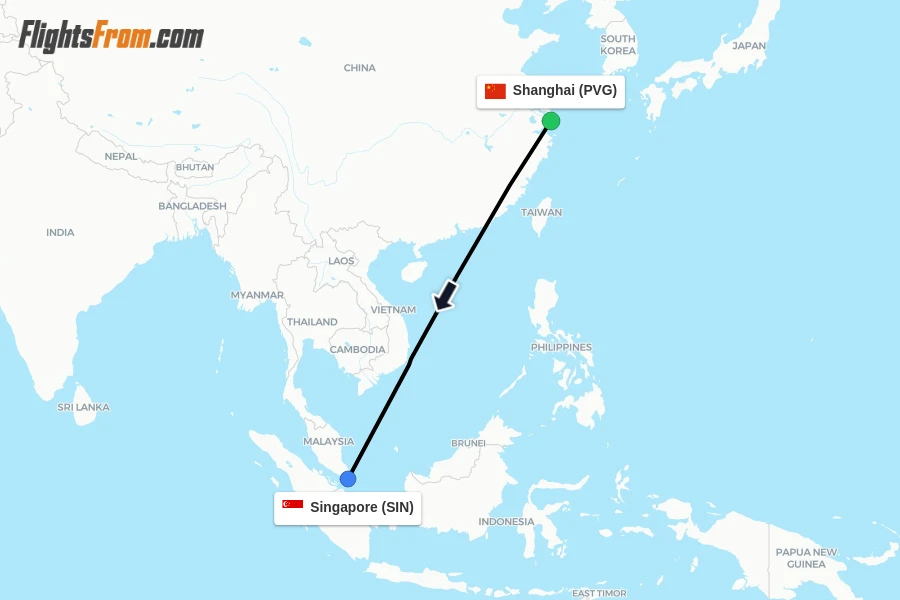 Flights from Shanghai to Singapore route map