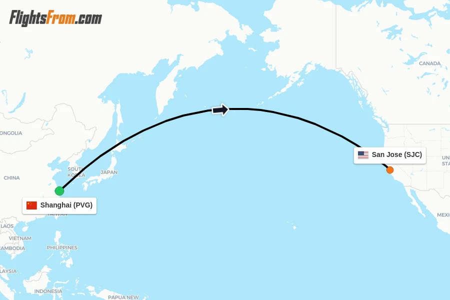 Flights from Shanghai to San Jose route map