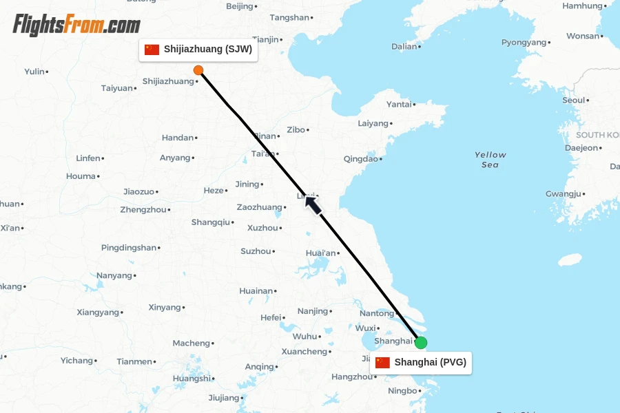 Flights from Shanghai to Shijiazhuang route map
