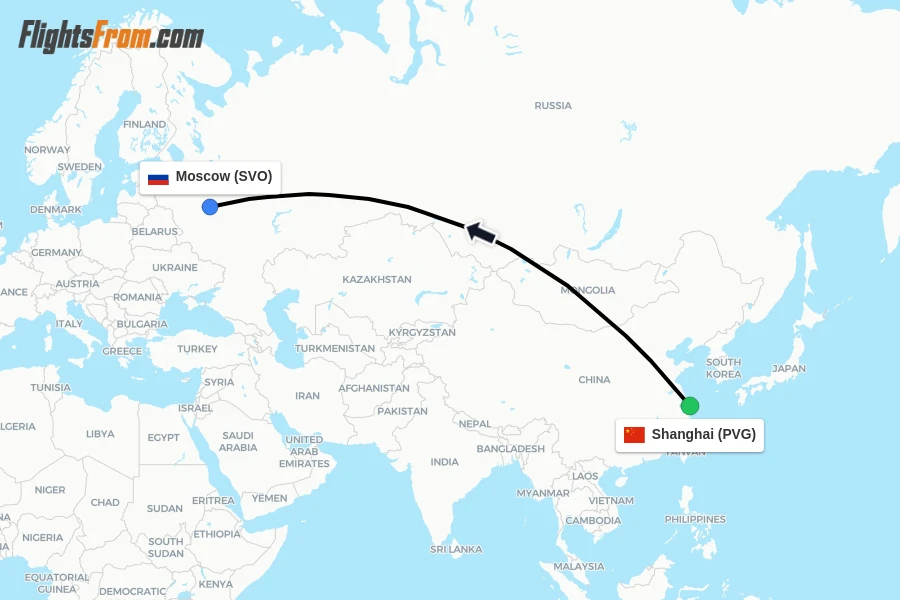 Flights from Shanghai to Moscow route map