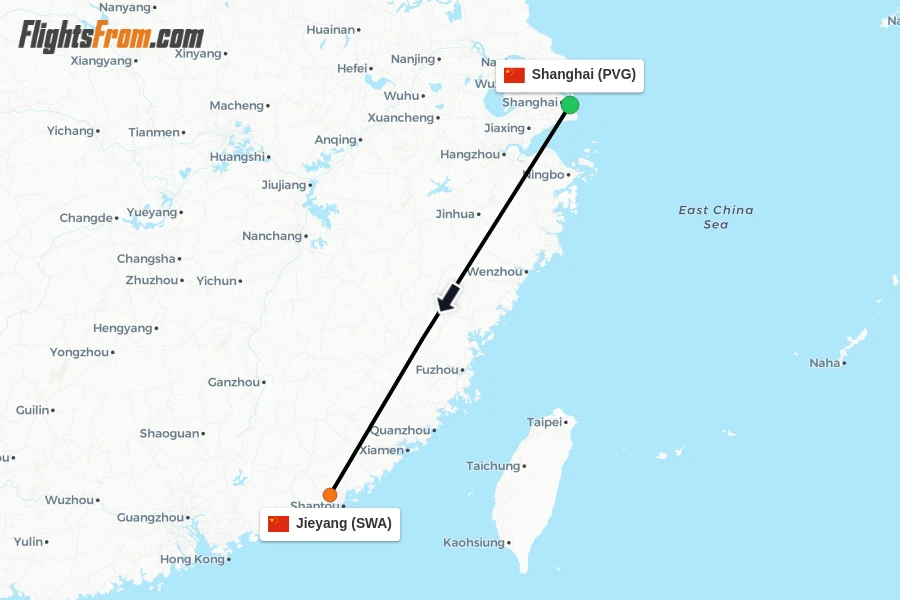 Flights from Shanghai to Jieyang route map