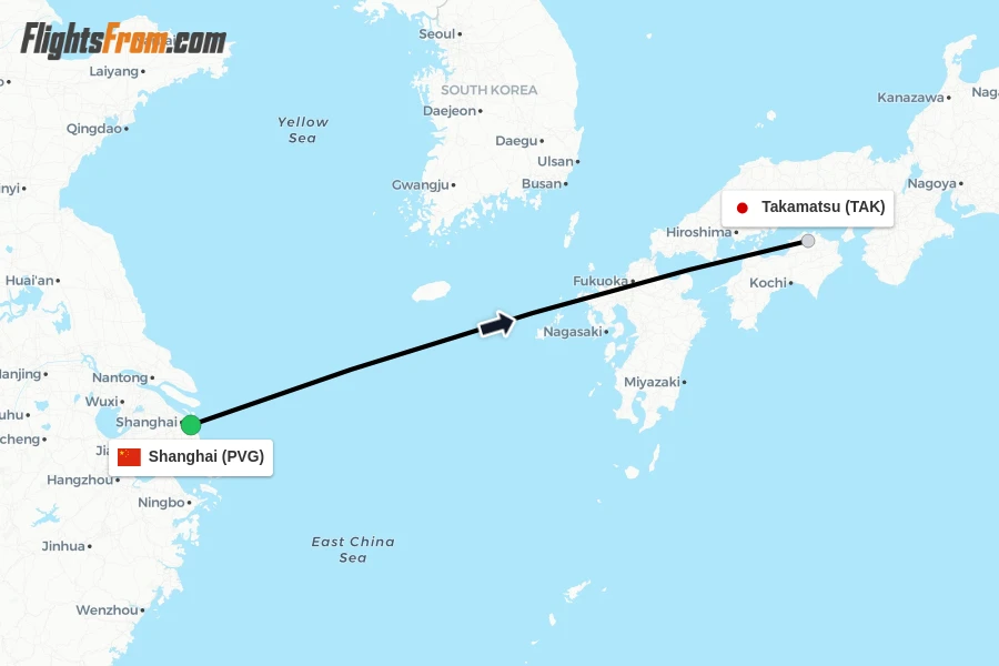 Flights from Shanghai to Takamatsu route map
