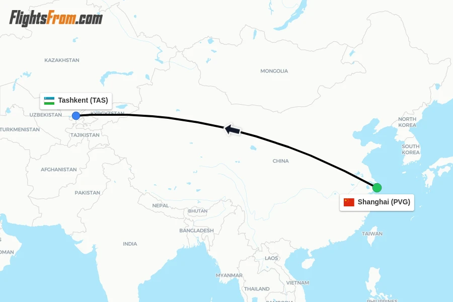 Flights from Shanghai to Tashkent route map