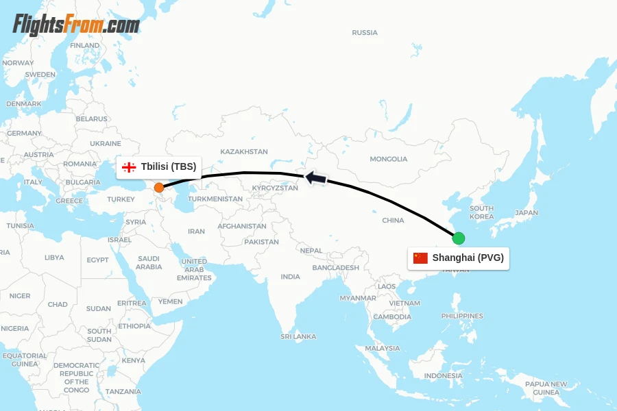 Flights from Shanghai to Tbilisi route map