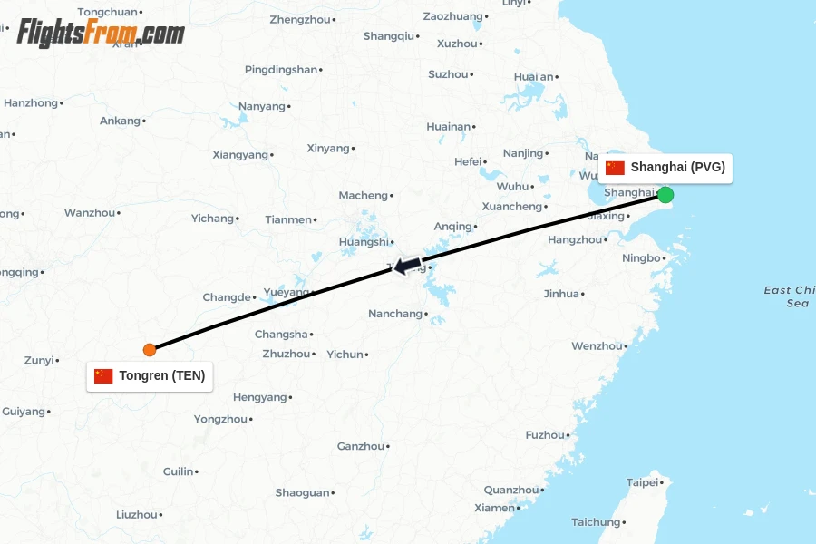 Flights from Shanghai to Tongren route map