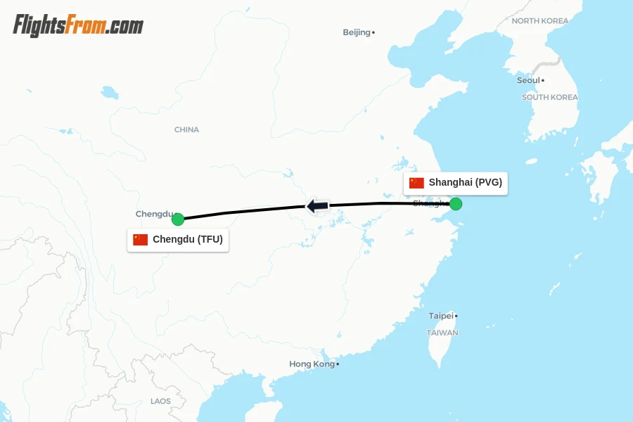 Flights from Shanghai to Chengdu route map