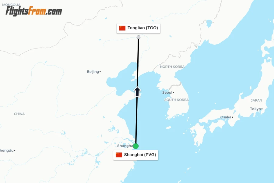 Flights from Shanghai to Tongliao route map