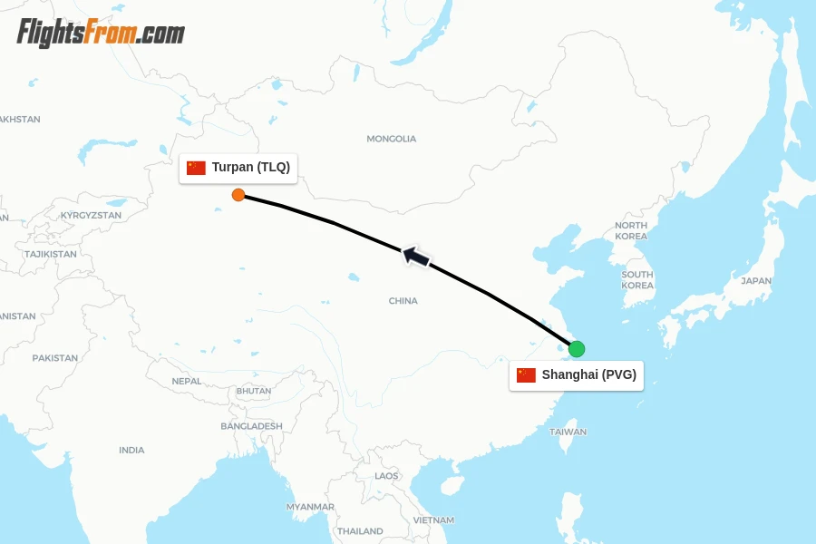 Flights from Shanghai to Turpan route map