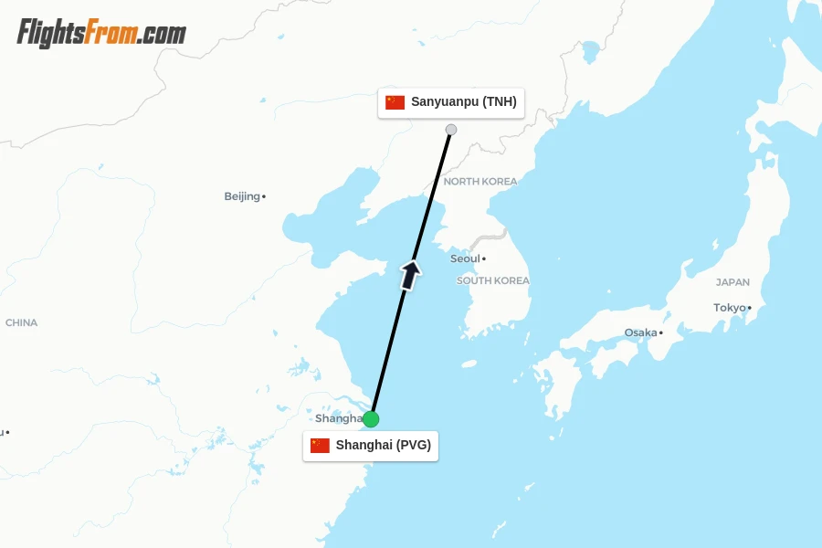 Flights from Shanghai to Sanyuanpu route map