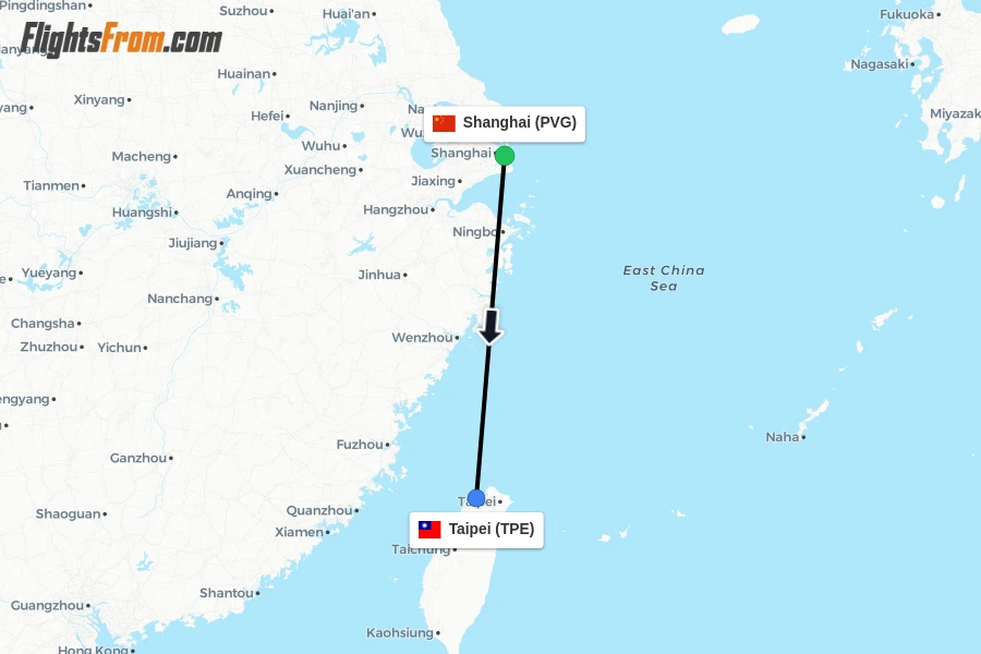 Flights from Shanghai to Taipei route map