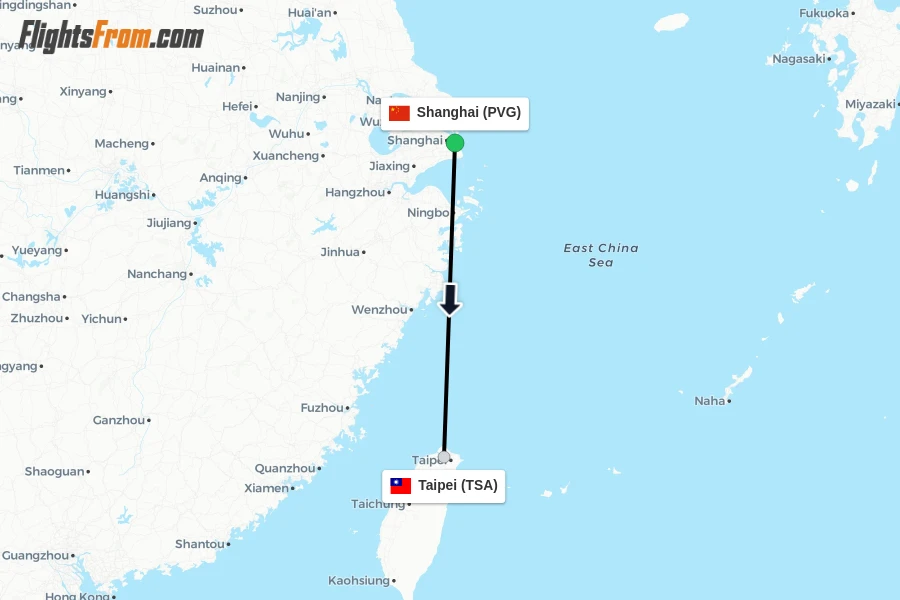 Flights from Shanghai to Taipei route map