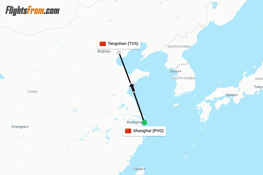 Flights from Shanghai to Tangshan route map
