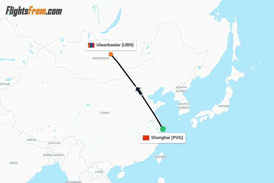 Flights from Shanghai to Ulaanbaatar route map