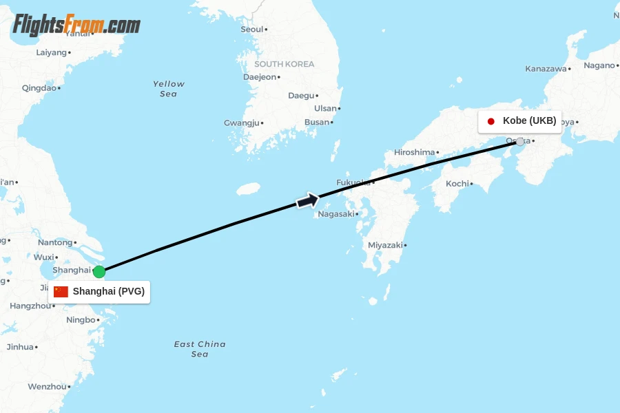 Flights from Shanghai to Kobe route map