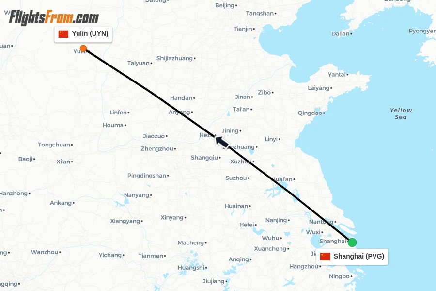 Flights from Shanghai to Yulin route map