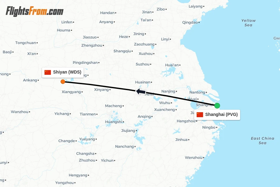 Flights from Shanghai to Shiyan route map