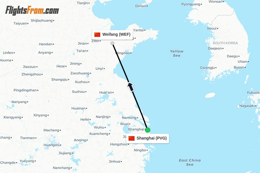 Flights from Shanghai to Weifang route map