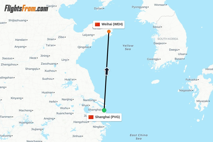 Flights from Shanghai to Weihai route map