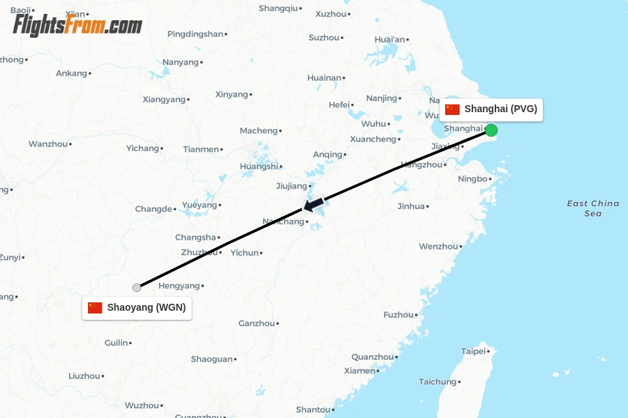 Flights from Shanghai to Shaoyang route map